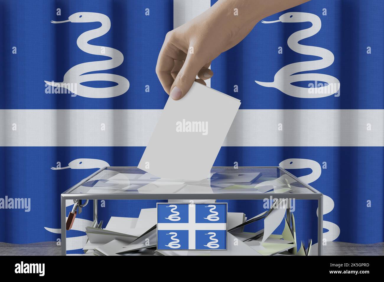 Snake Flag of Martinique flag, hand dropping ballot card into a box
