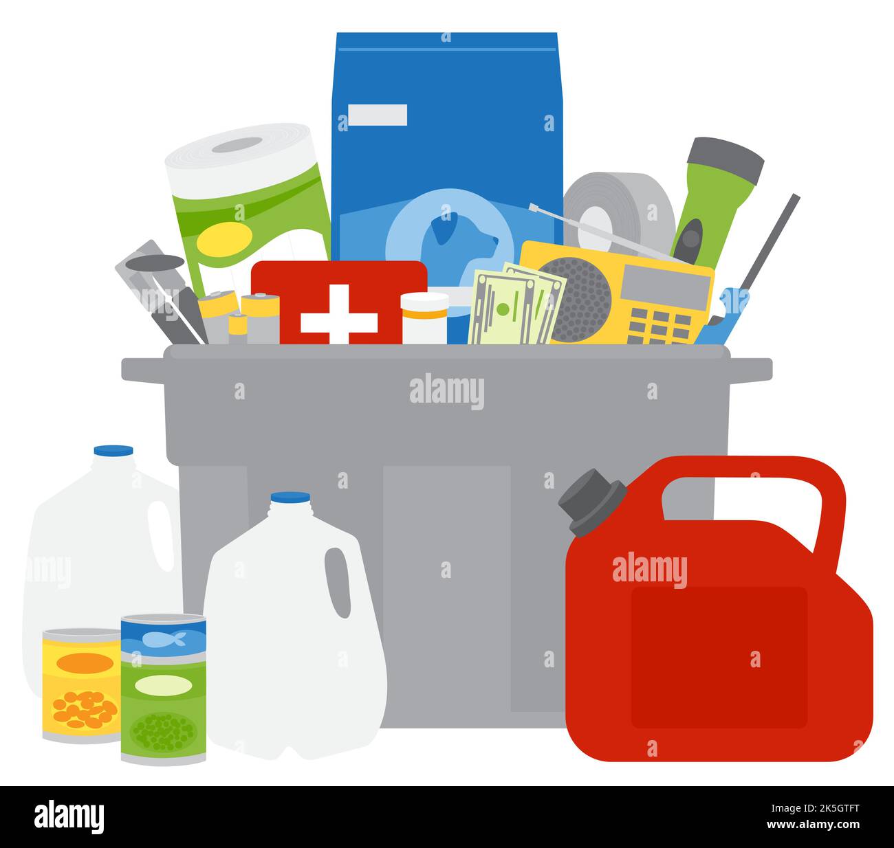 A set of emergency supplies, hurricane and disaster preparedness items in a plastic storage bin. Stock Vector