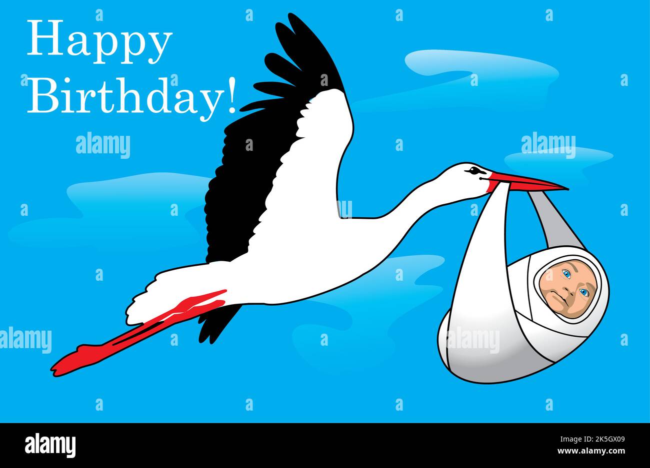 The stork is carrying a baby. Happy Birthday Stock Vector