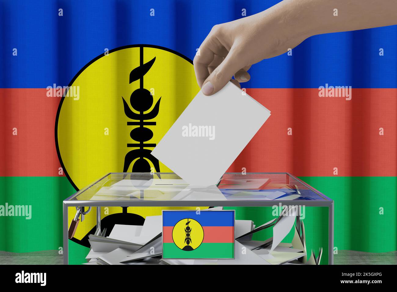 New Caledonia flag, hand dropping ballot card into a box voting/ election concept 3D