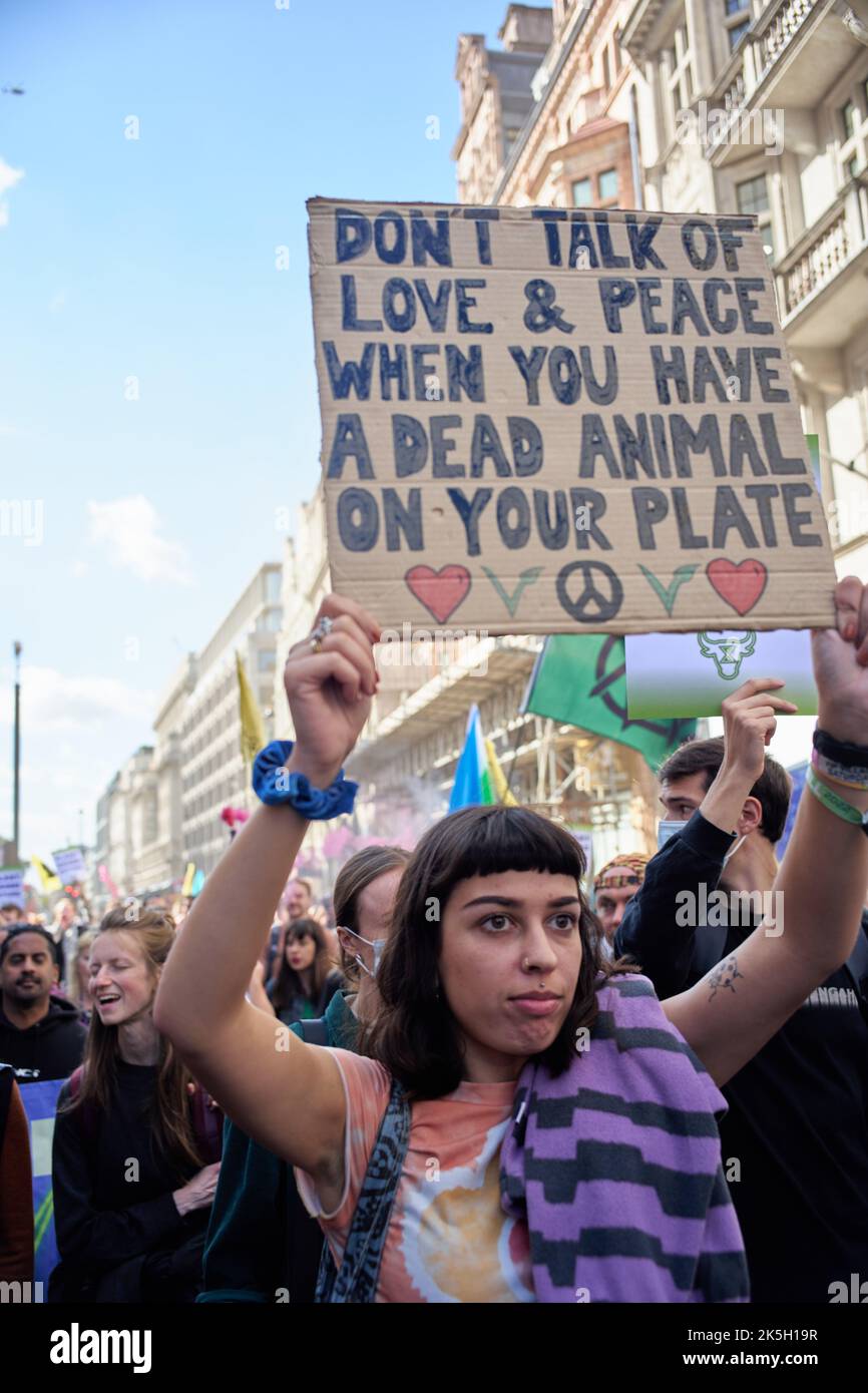London, UK. 8th Oct 2022. Animal Rebellion activists marched through the streets of central London, protesting for a faster transition to plant-base living to help stem the ecological damage that is occurring. Credit: Aubrey Fagon/Alamy Live News Stock Photo
