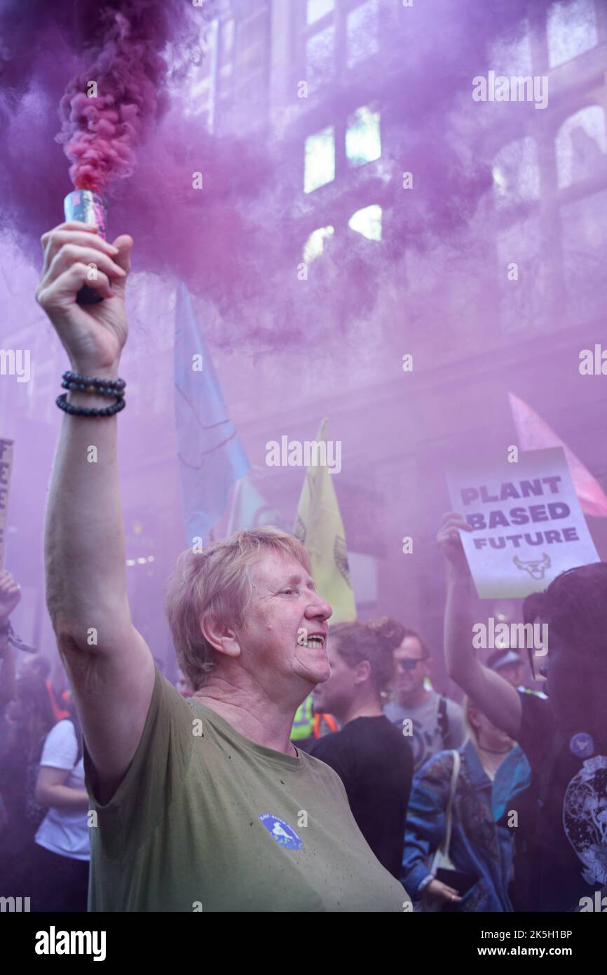 London, UK. 8th Oct 2022. Animal Rebellion activists marched through the streets of central London, protesting for a faster transition to plant-base living to help stem the ecological damage that is occurring. Credit: Aubrey Fagon/Alamy Live News Stock Photo