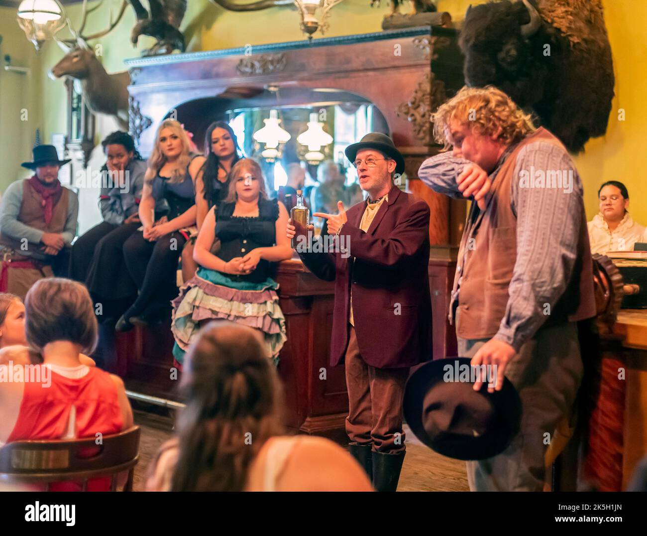 Dodge City, Kansas - The reenactment of a Medicine Show at Boot Hill Museum. The museum preserves the history and culture of the old west. Located on Stock Photo