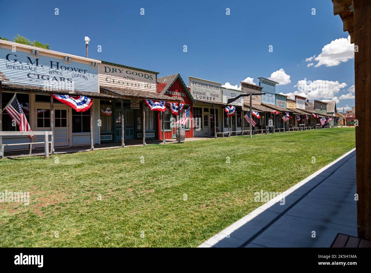 Dodge City, Kansas - Boot Hill Museum, decorated for a July 4th celebration. The museum preserves the history and culture of the old west. Located on Stock Photo