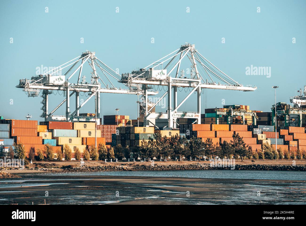 Cranes with cargo containers in Port of Oakland at bay with sky in background Stock Photo