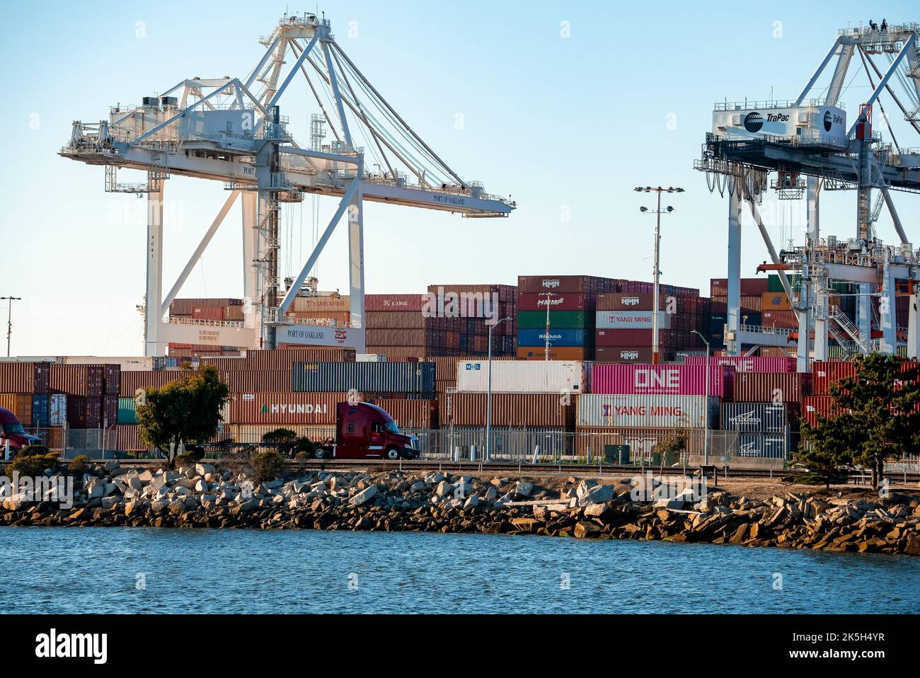 Container cranes and trucks in Port of Oakland at seaside during sunny day Stock Photo