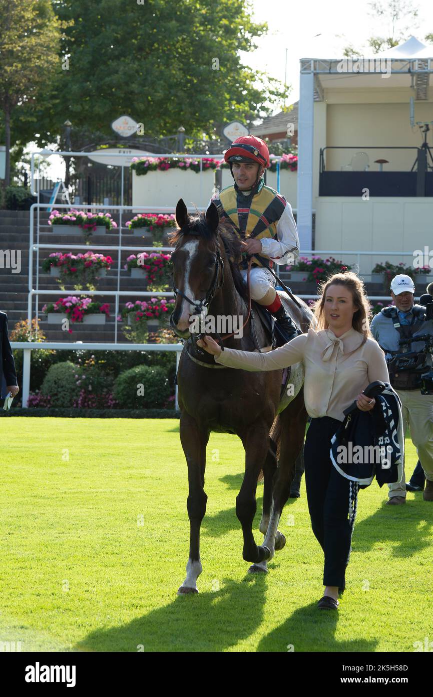 Ascot, Berkshire, UK. 1st October, 2022. Horse Escobar ridden by jockey Andrea Atzeni wins the Peroni Nastro Azzurro Challenge Cup at Ascot Races. Owner Withernsea Thoroughbred Ltd. Trainer David O’Meara, Upper Helmsley. Breeder Peter Evans. Sponsor Tiffin Sandwiches Ltd. Credit: Maureen McLean/Alamy Stock Photo