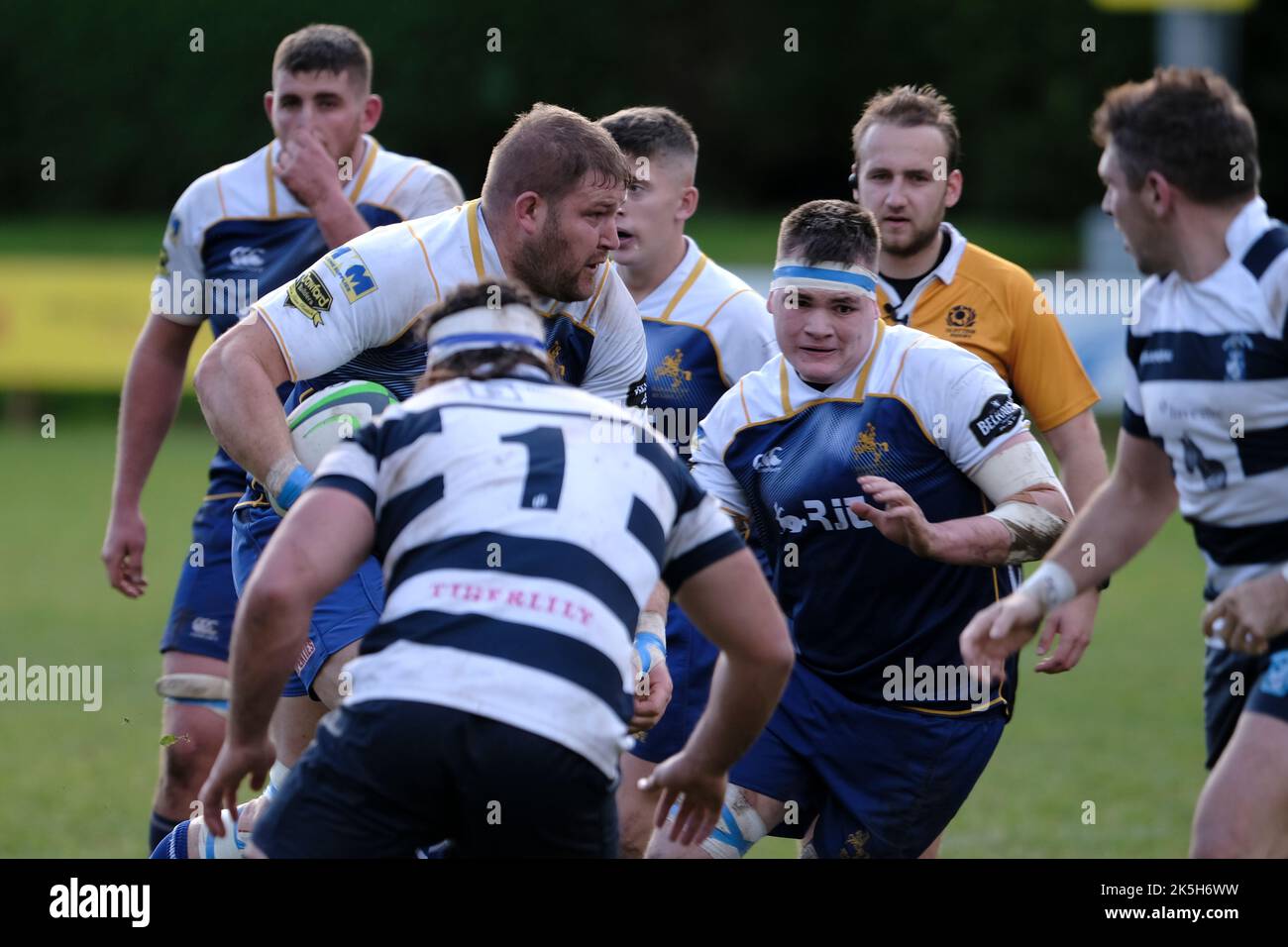 Jedburgh, UK. 8th Oct, 2022. Home side JedForest took a decisive 51-20 victory over visitors Heriots Blues Men at Riverside Park, Jedburgh on Saturday 08 October 2022. Mathew Atkinson ( JedForest RFC ) with ball looking for a way thru the defensive tackles from Martin Bouab ( HeriotÕs Blues ) Credit: Rob Gray/Alamy Live News Stock Photo