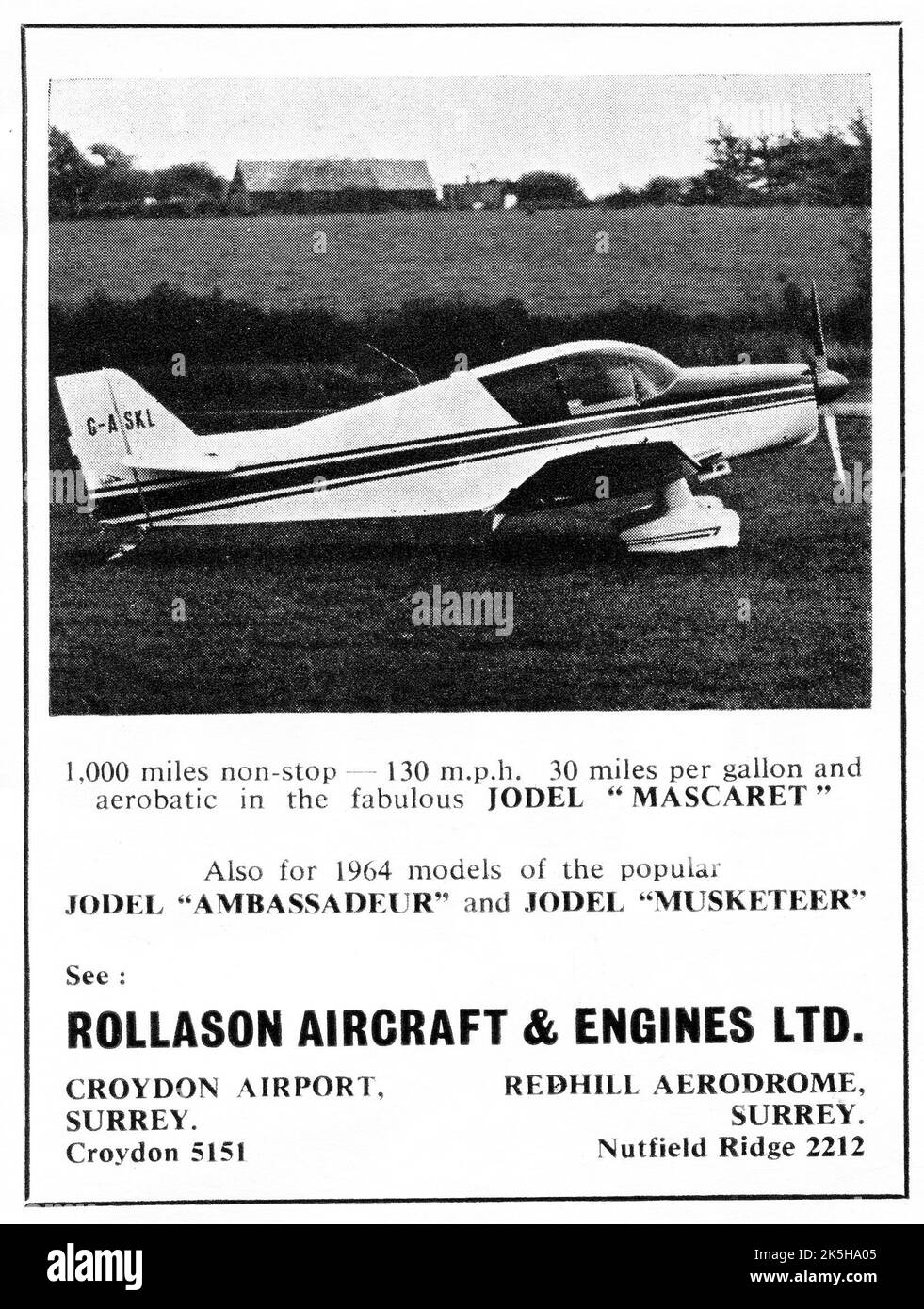 A 1964 advertisement by the British aircraft manufacturer, Rollason Aircraft & Engines Ltd. of Croydon Airport and Redhill Aerodrome, Surrey, promoting their Jodel Mascaret, Ambessadeur and Musketeer light monoplanes. Stock Photo