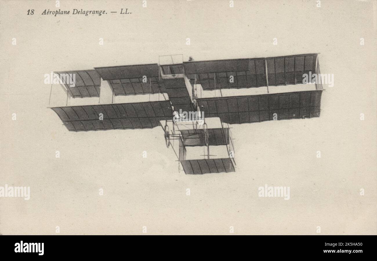 Circa. 1909. An antique postcard entitled, ‘Aéroplane Delegrange’. Léon Delagrange was a pioneer French aviator. In 1907 he was one of the first to order an aircraft from Gabriel Voisin and on 7 January 1909 was awarded one of the first eight aviator’s certificates issued by the Aéro-Club de France. He set aviation world records in 1908 and 1909, but on 4 January 1910 he was killed when a wing of his Blériot XI monoplane failed at Croix d'Hins near Bordeaux. Stock Photo
