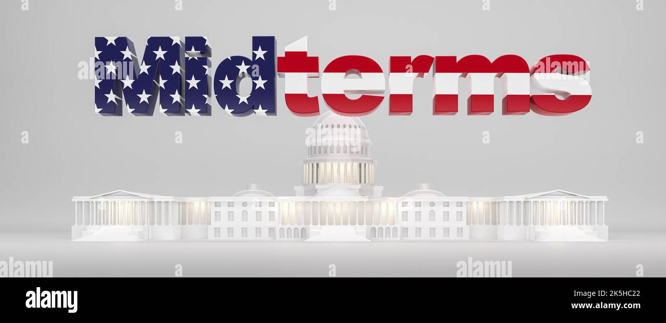 Midterm elections concept. The text Midterms colored in the US flag stars and stripes in front of an illuminated model of the capitol building Stock Photo