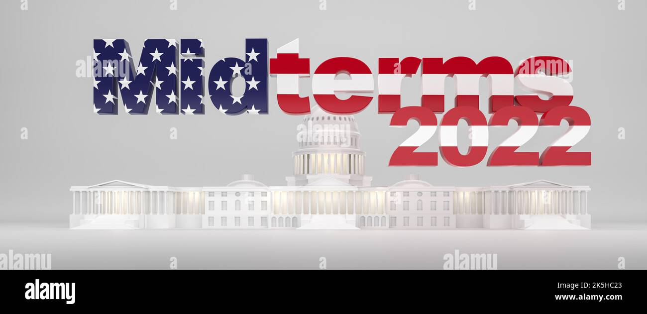 Midterm elections in 2022 concept. The text Midterms colored in the US flag stars and stripes in front of an illuminated model of the capitol building Stock Photo