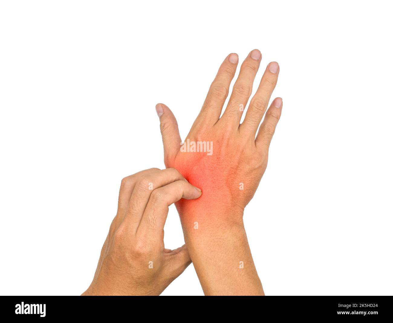 Asian young man scratching his hand. Concept of itchy skin diseases such as scabies, fungal infection, eczema, psoriasis, allergy, etc. Stock Photo