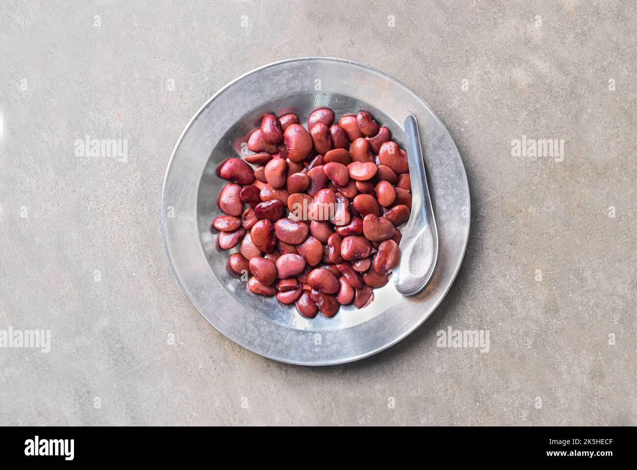 Boiled red flat beans. Protein rich food. Healthy diet menu. Closeup