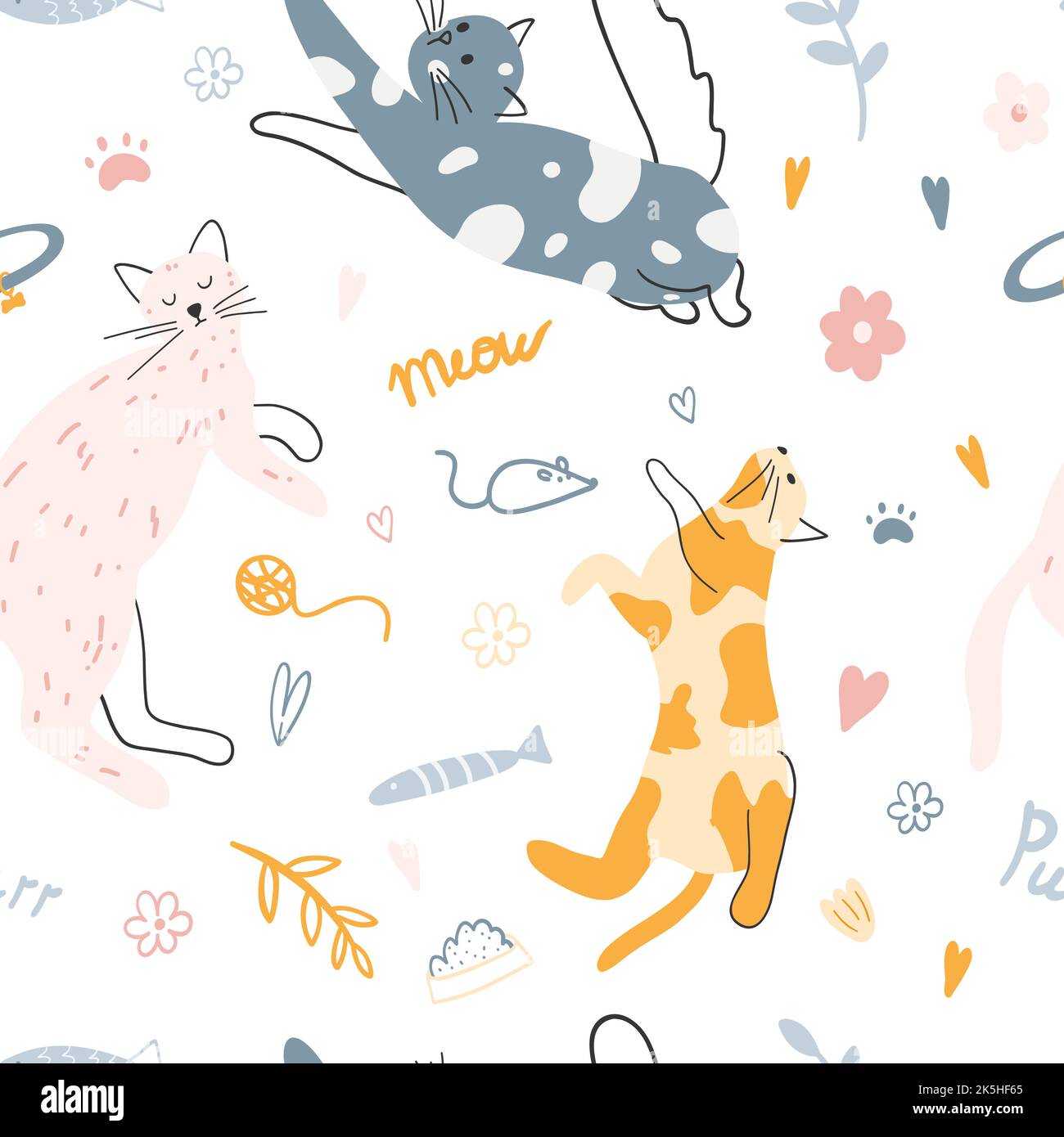 Seamless pattern with cute colorful cats. Hand drawn vector ...