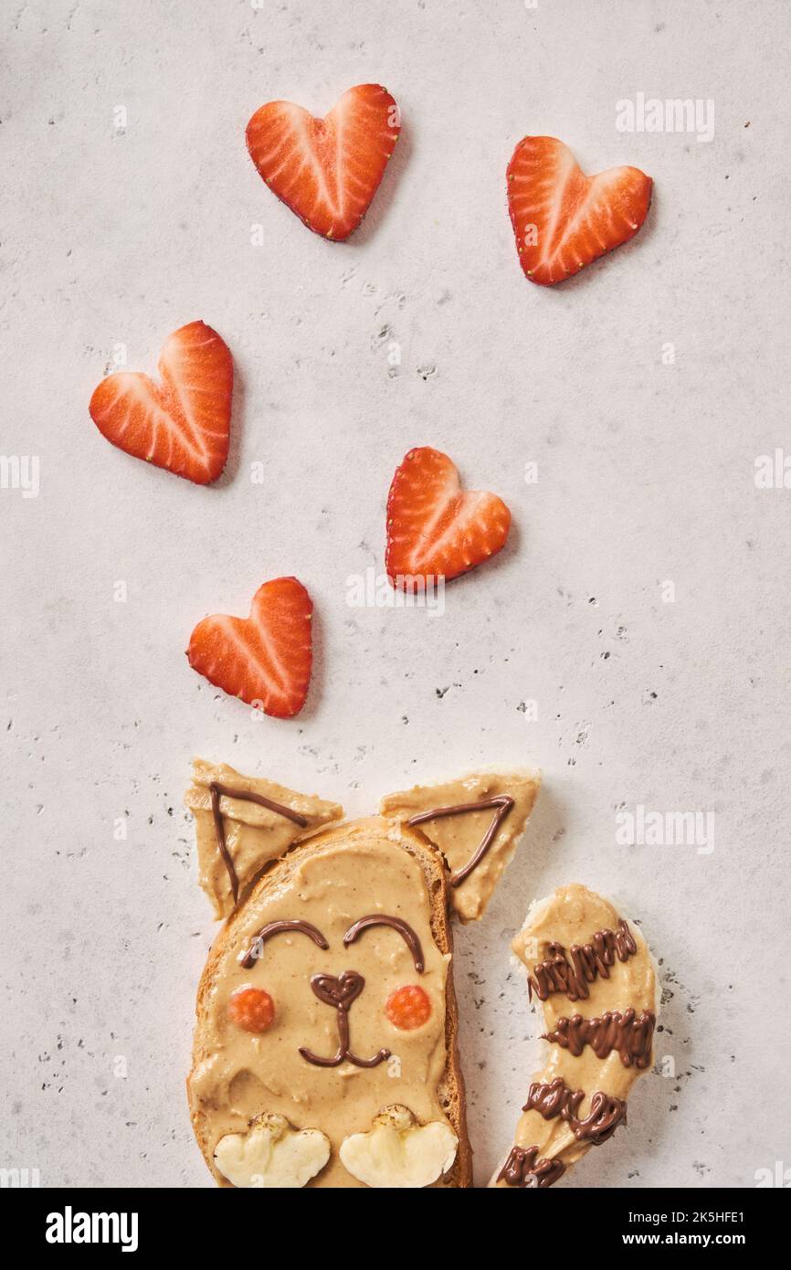 Funny cat sandwich with peanut butter, banana and strawberry Stock Photo