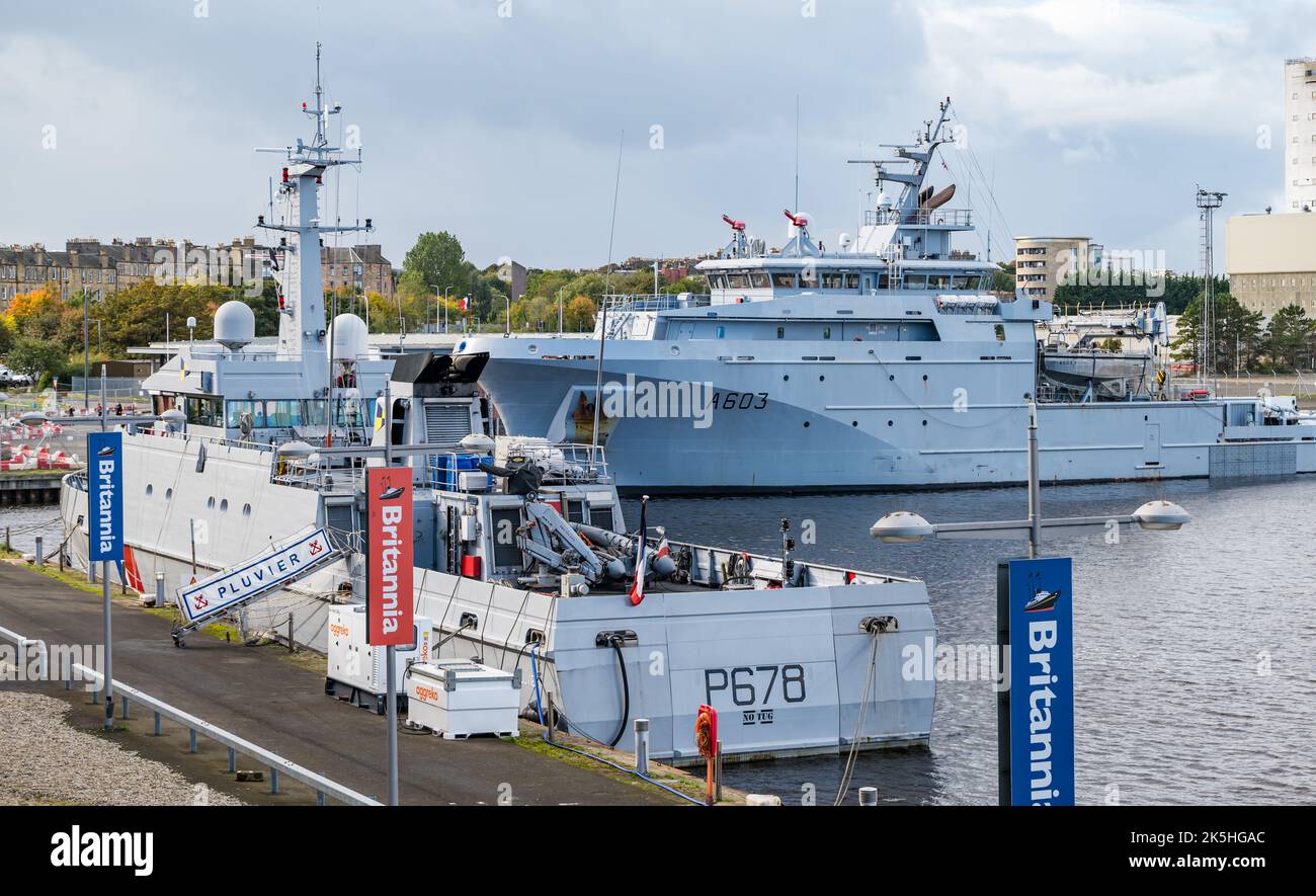 French navy warship Rhone and patrol ship Pluvier moored in Leith harbour, Edinburgh, Scotland, UK Stock Photo