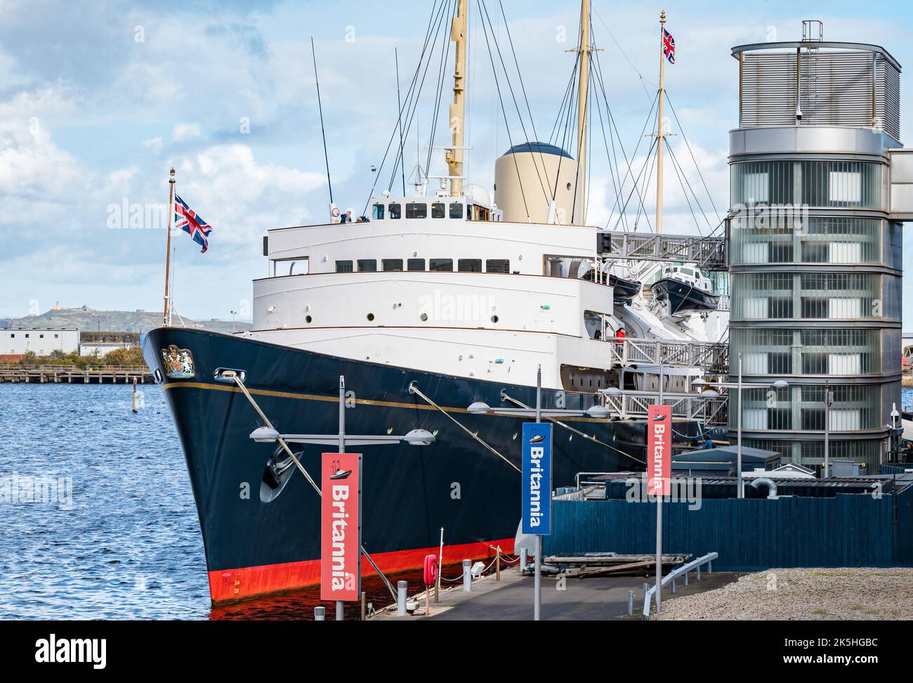 Royal Yacht Britannia ship moored in Leith Harbour, Edinburgh, Scotland