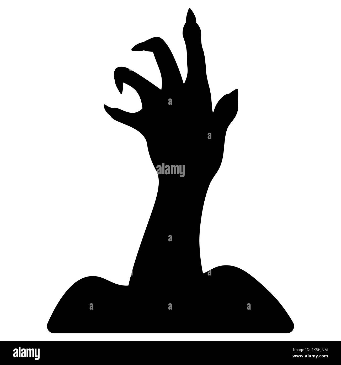 Spooky clawed paw. Silhouette. The dead man's hand is pulled out of the ground. Gnarled fingers with sharp nails. The ominous zombie palm Stock Vector