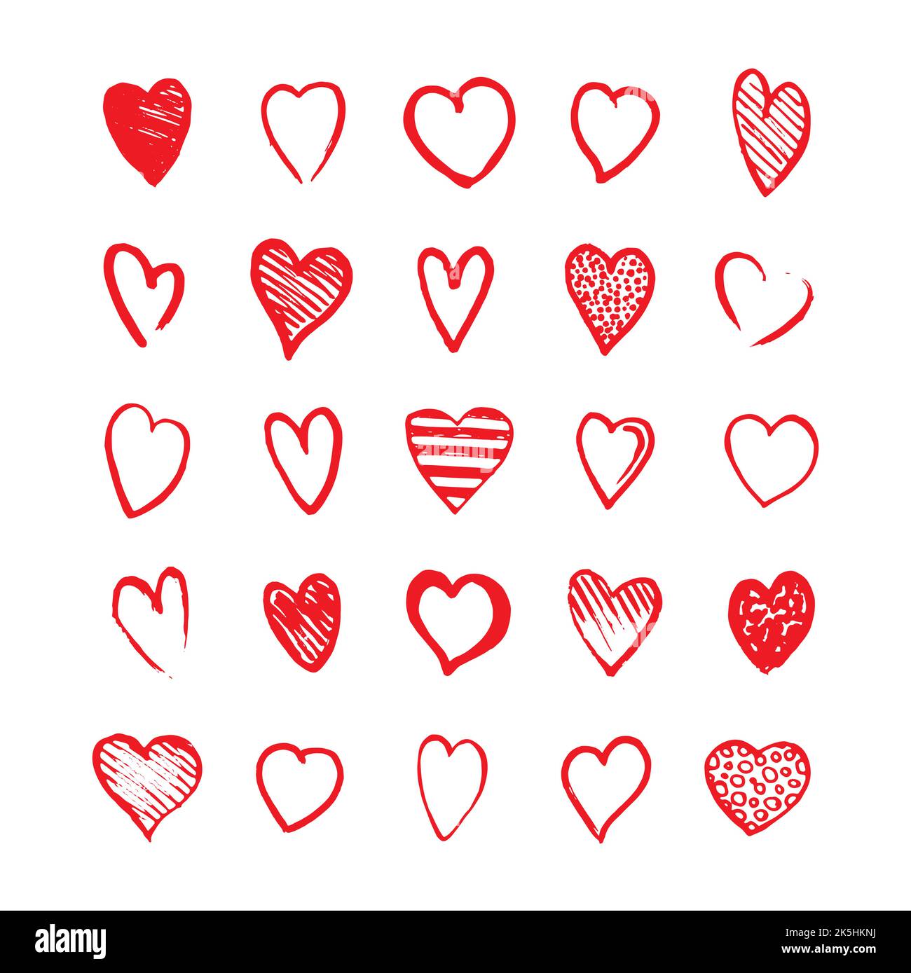 Heart icons hand drawn set in doodle style. Sketchy design elements for ...