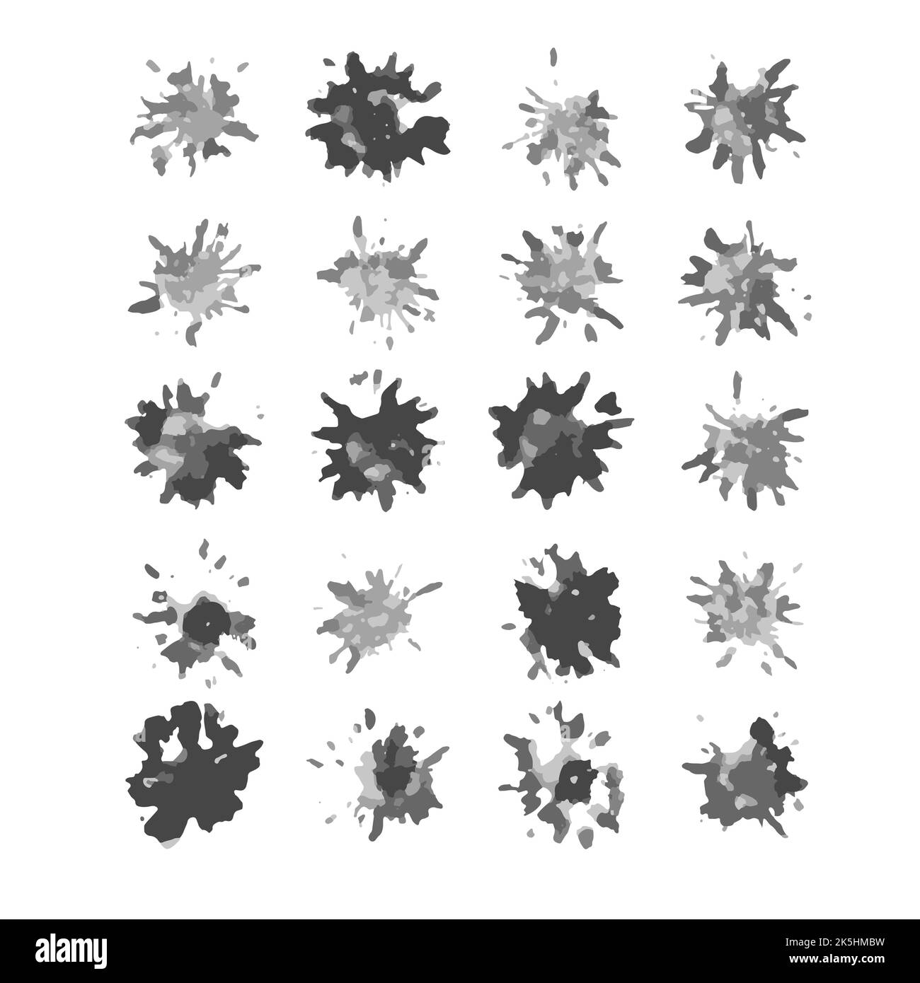 Abstract ink prints collection. Set of formless imprints, stains, splashes and spots. Black inky blots similar to viruses or bacteria. Pack of shapele Stock Vector