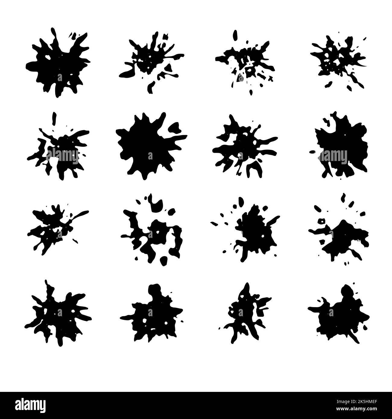 Abstract ink blots collection. Set of formless imprints, stains, splashes and spots. Pack of shapeless silhouettes. Black inky prints similar to virus Stock Vector