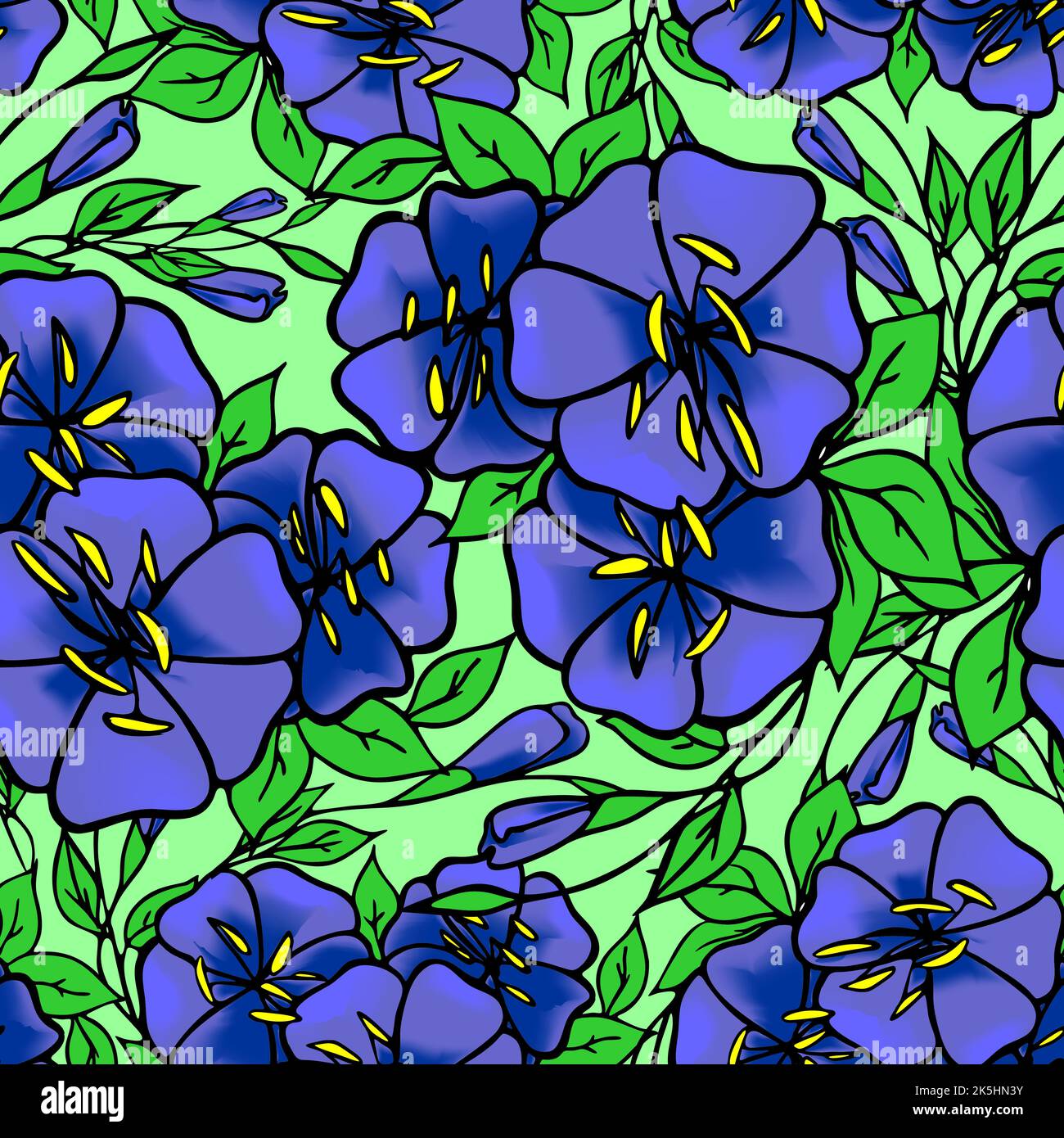 seamless pattern of large blue flowers on a green background, texture ...
