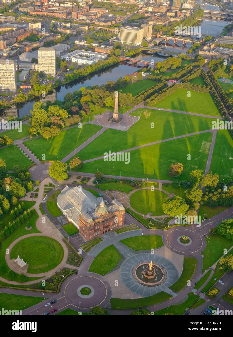 Aerial view of Glasgow Green and the River Clyde at sunrise Stock Photo