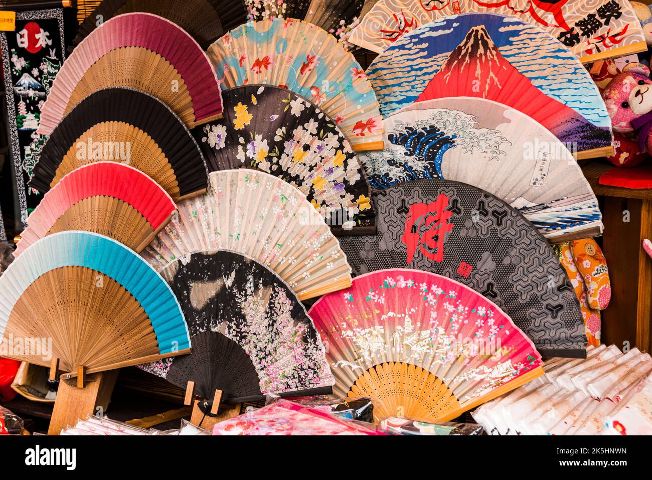 A selection of Japanese hand fans, Sensu, for sale in a shop in Kyoto, Japan Stock Photo