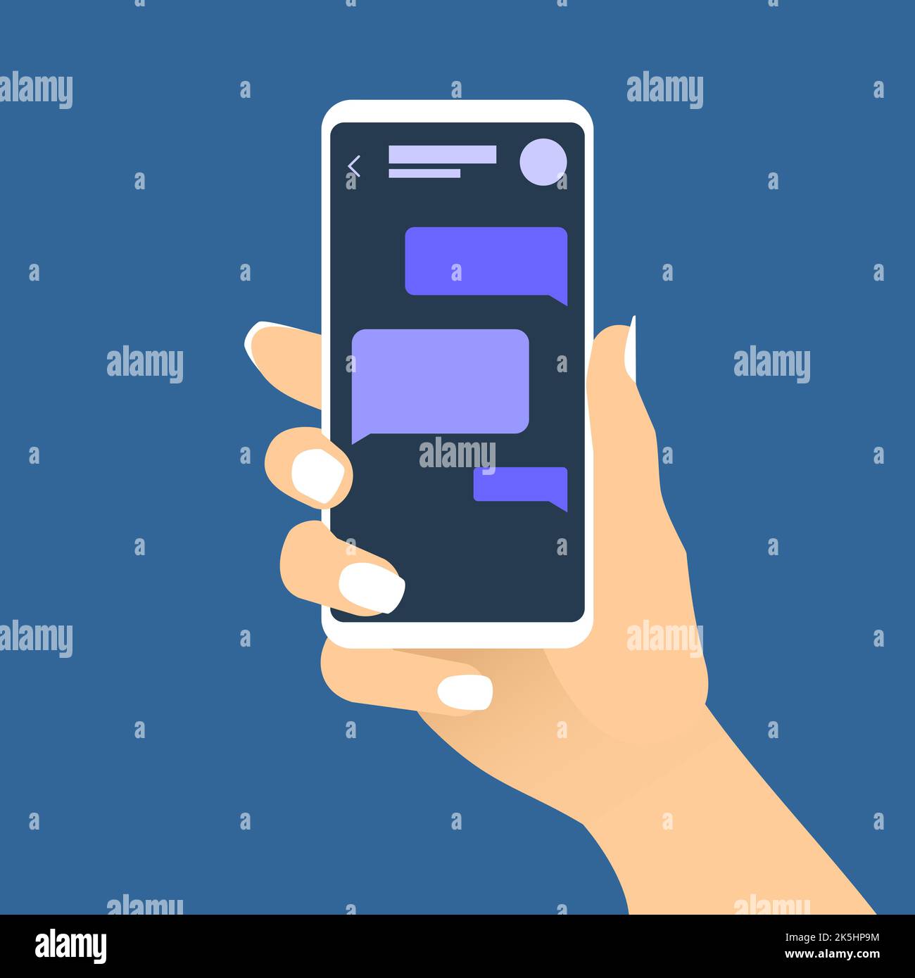 Female hand holding smartphone with chat messages. Text bubbles on ...