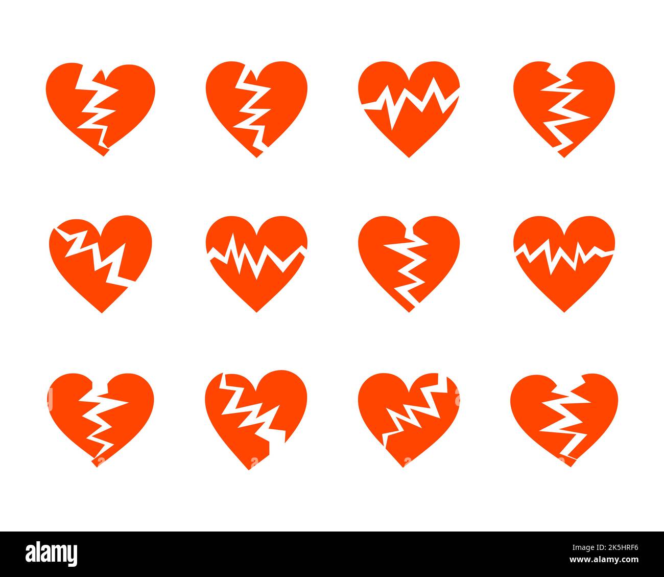 Red cracked hearts flat icons set. Wrecked heart symbols isolated on ...