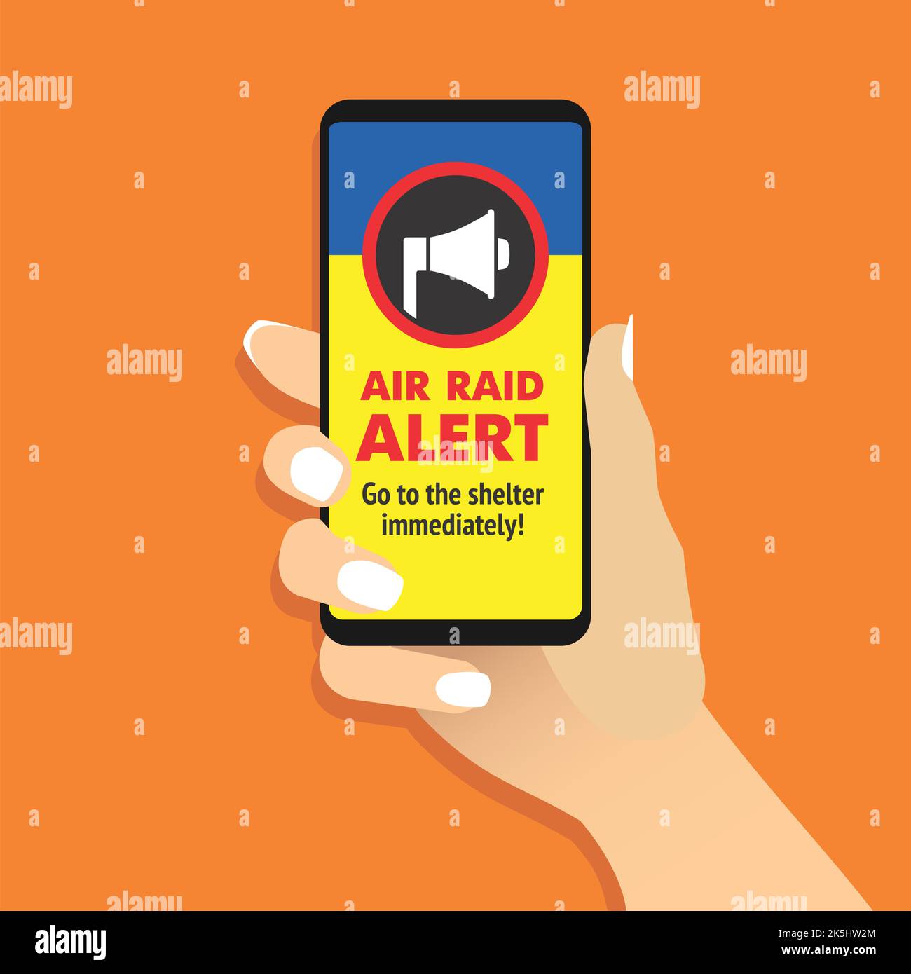 Female hand hold smartphone with air raid alert message on screen. Woman showing cell phone with air-raid warning on display. Mobile touch screen gadg Stock Vector