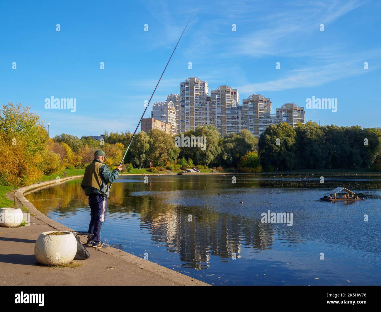 Moscow. Russia. October 8, 2022. A male fisherman with a fishing rod is