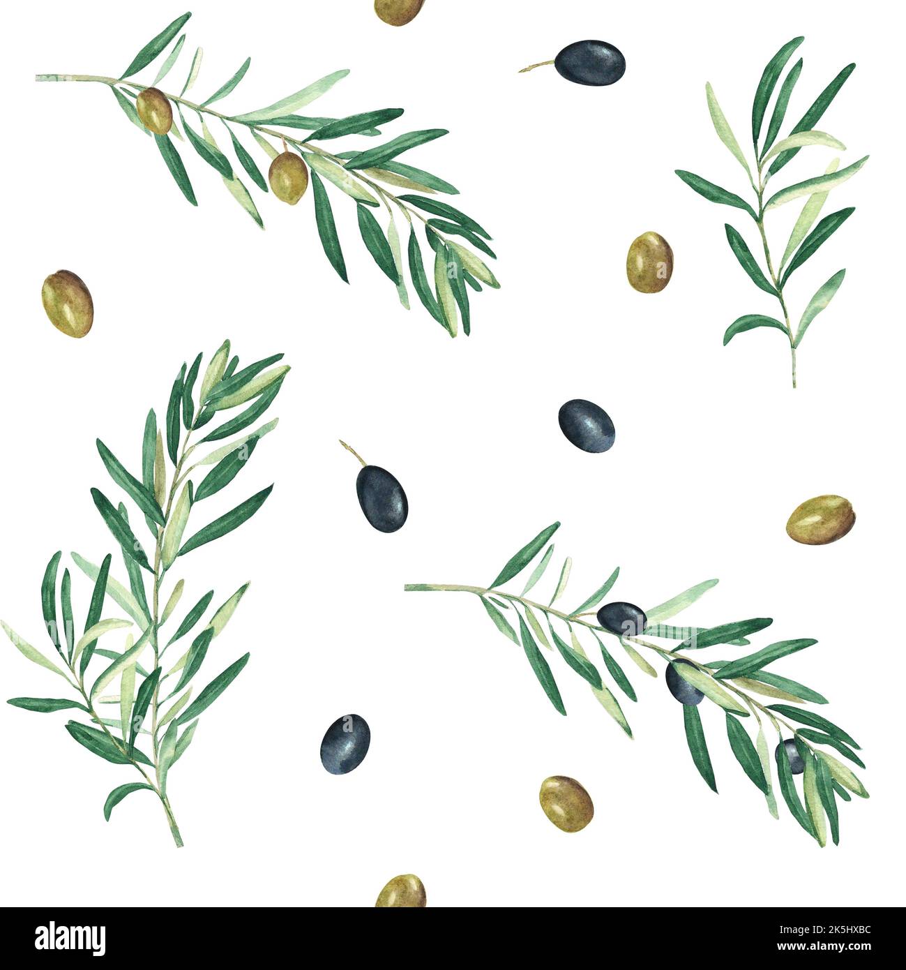 Watercolor seamless pattern with branches of green and black olives on ...