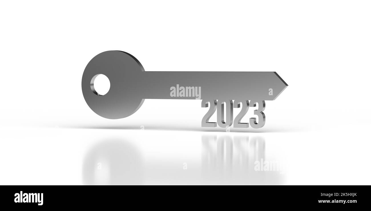 Silver metallic Key to 2023 on white background, copy space, clipping path. Simple 3D render retro door opener design. Motivational future text. Stock Photo