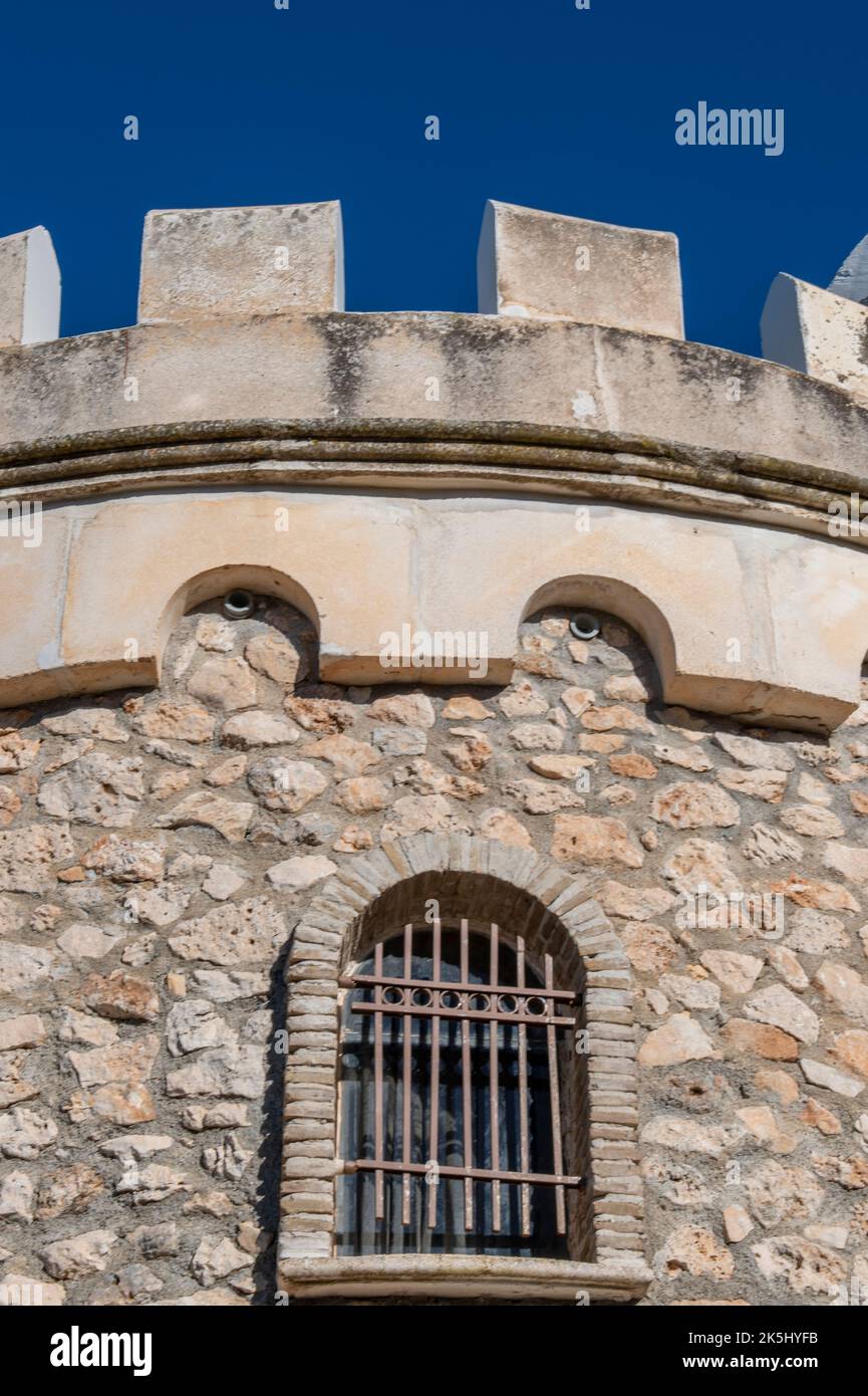 castle tower with battlements, castellated building, blue sky with castle building, castle, fortress, historic building, medieval castle. Stock Photo