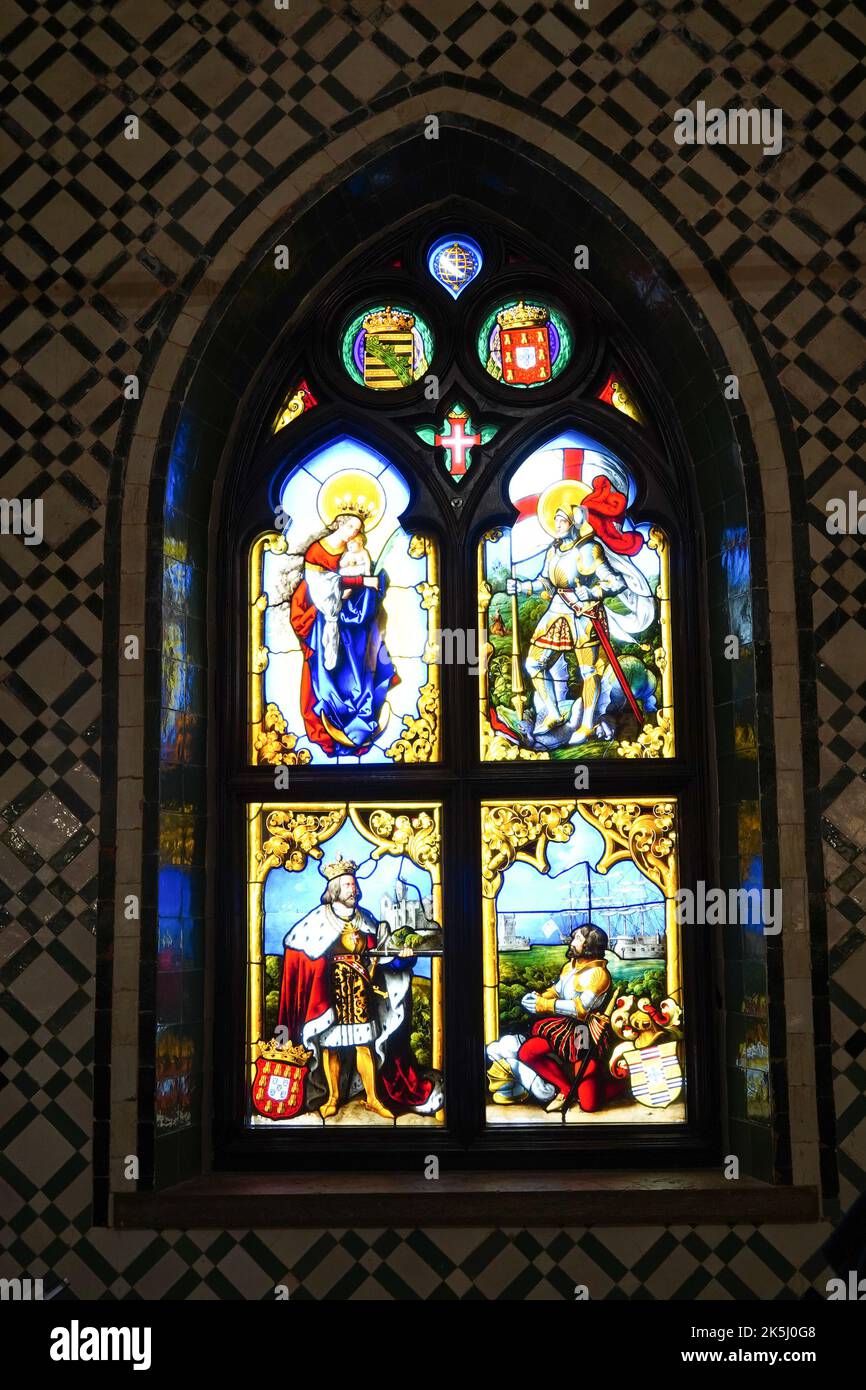 Sintra, Portugal September 2022 Stained glass window in the chapel
