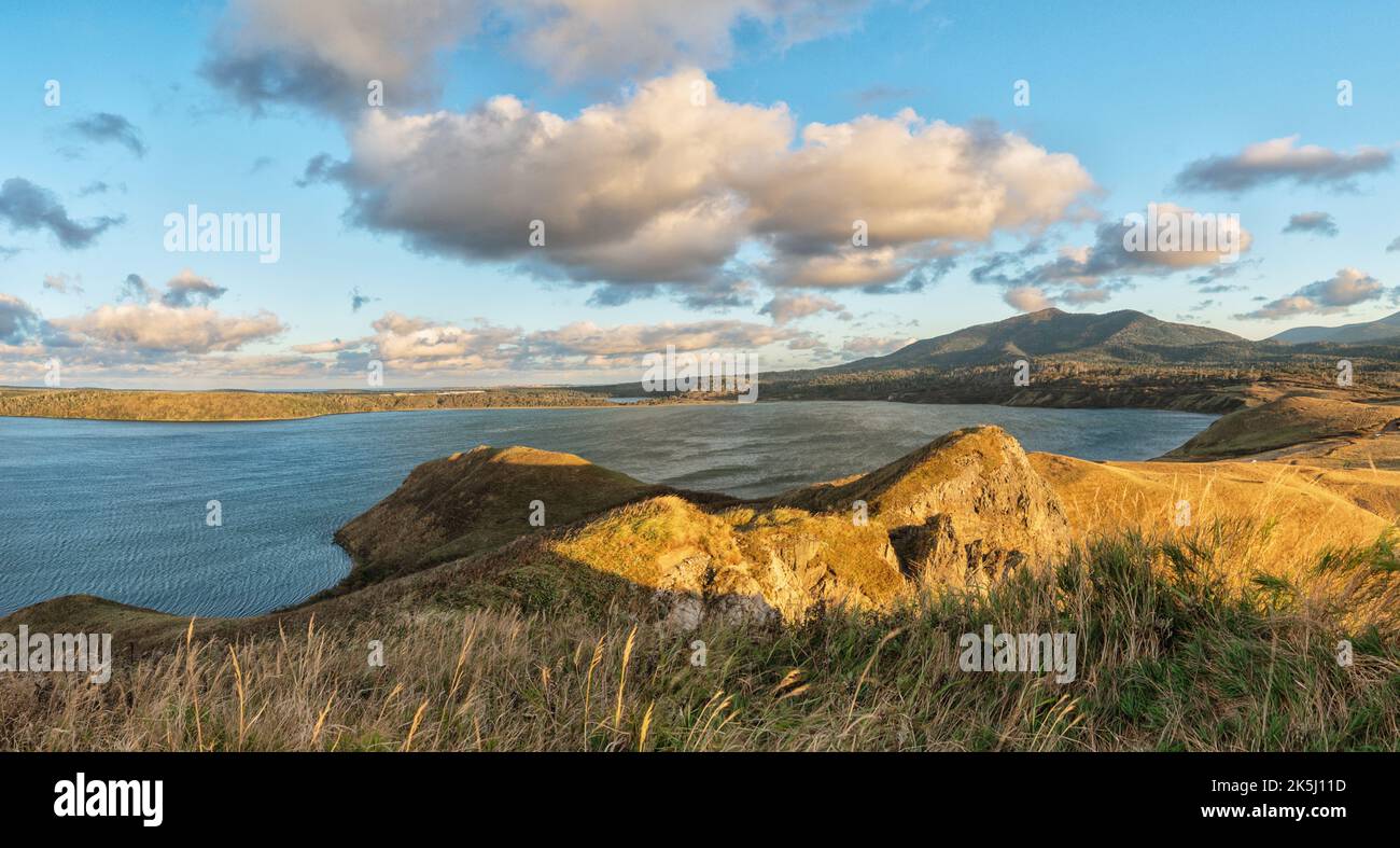 Beautiful view of the Bay of the Sea of Okhotsk on the island of Iturup, Kuril Islands. Stock Photo
