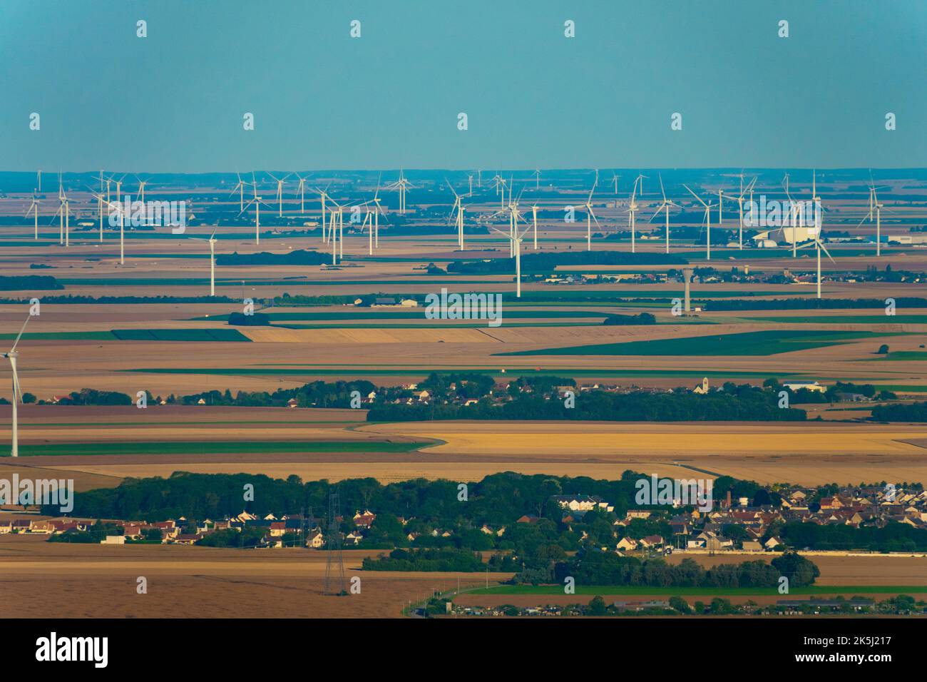 France, Essonne (91), aerial view of wind turbines in the Beauce plain west of the villages of Monnerville and Pussay Stock Photo