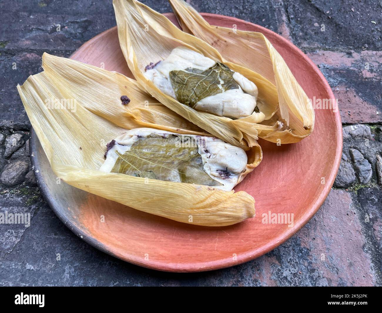 Two Oaxacan Tamales On A Clay Plate Made With Hoja Santa And Filled 