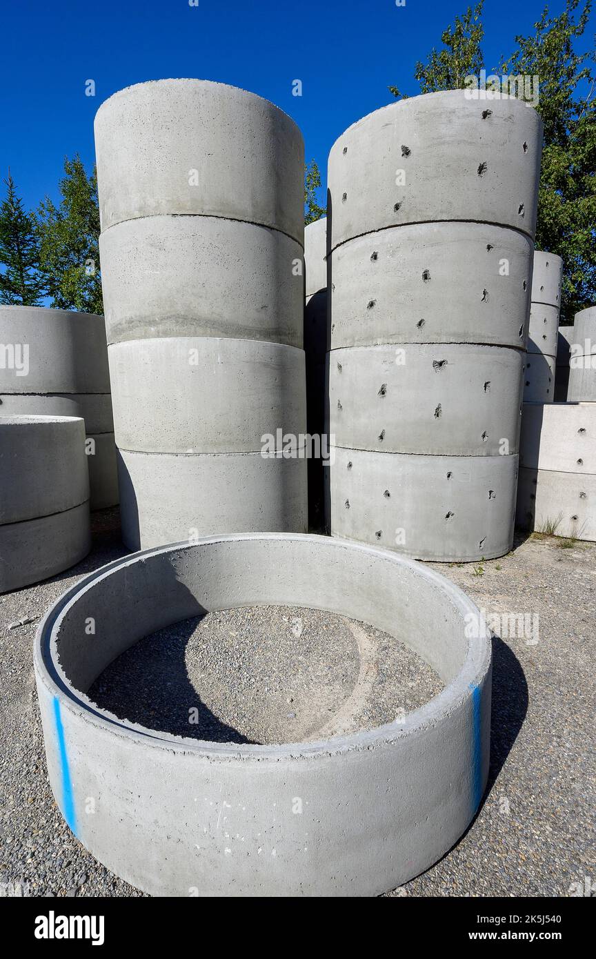 Concrete pipes, precast concrete parts, Kempten, Allgaeu, Bavaria, Germany Stock Photo