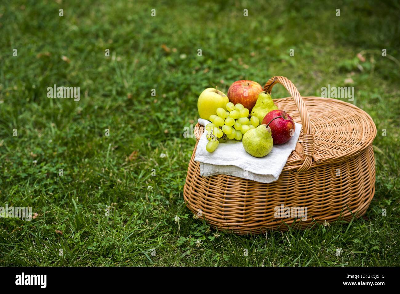 High angle picnic basket with fruit Stock Photo