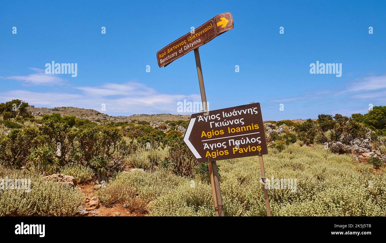 Signposts, brown signs for places of interest, Agios Ioannis, Agios ...