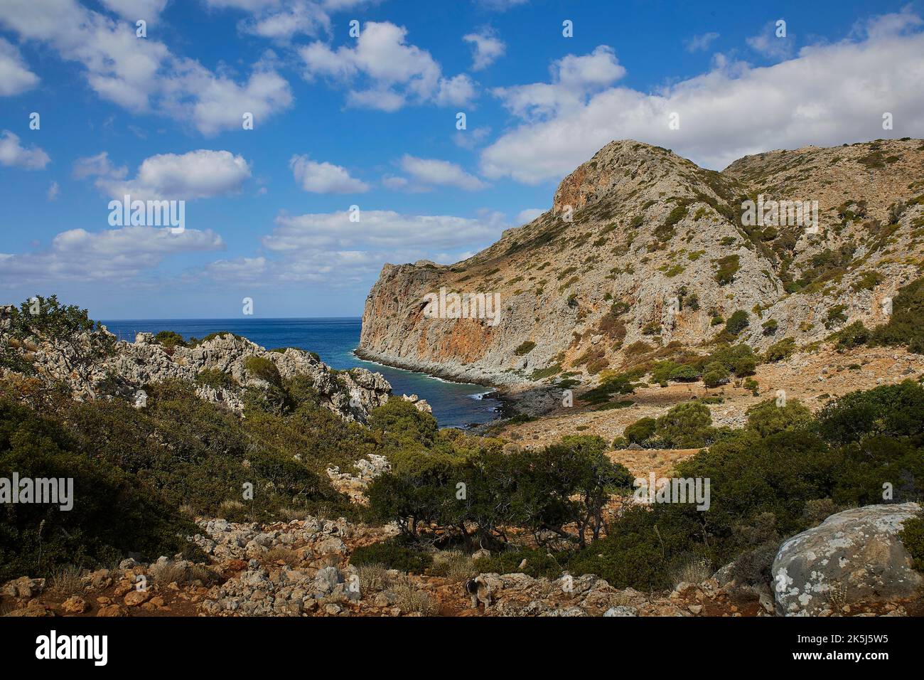Agios pavlos beach pebble beach barren rocks trees blue sea green