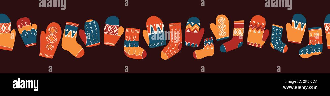 Colorful Retro Knitted Mittens and Socks Vector Seamless Horizontal Pattern Border Stock Vector
