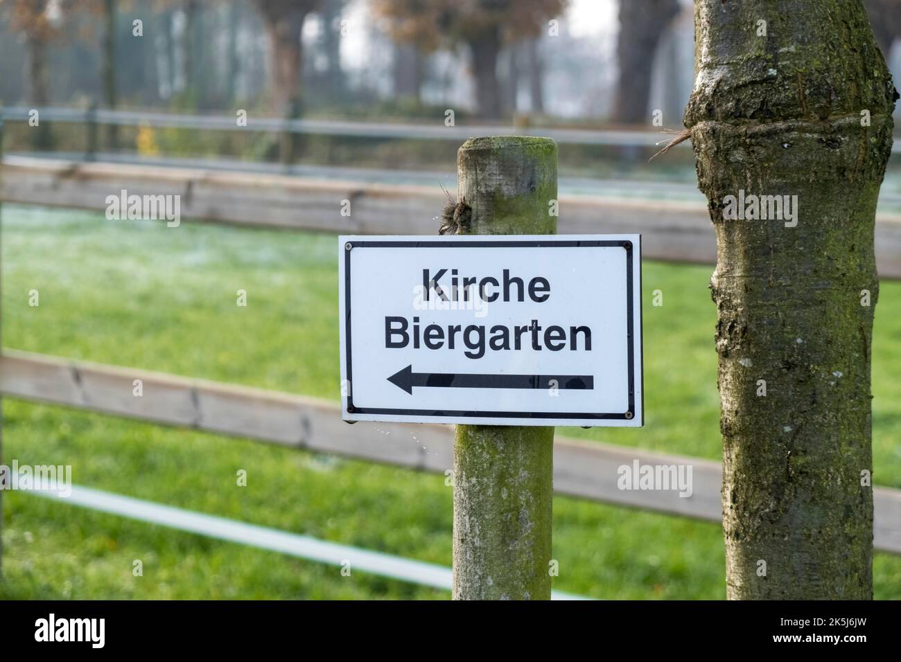 Sign with inscription church, beer garden, Muensterland, North Rhine