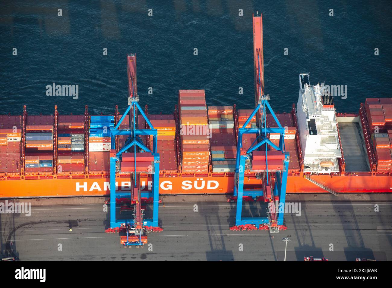Aerial view of the container ship of the shipping company Hamburg Sued