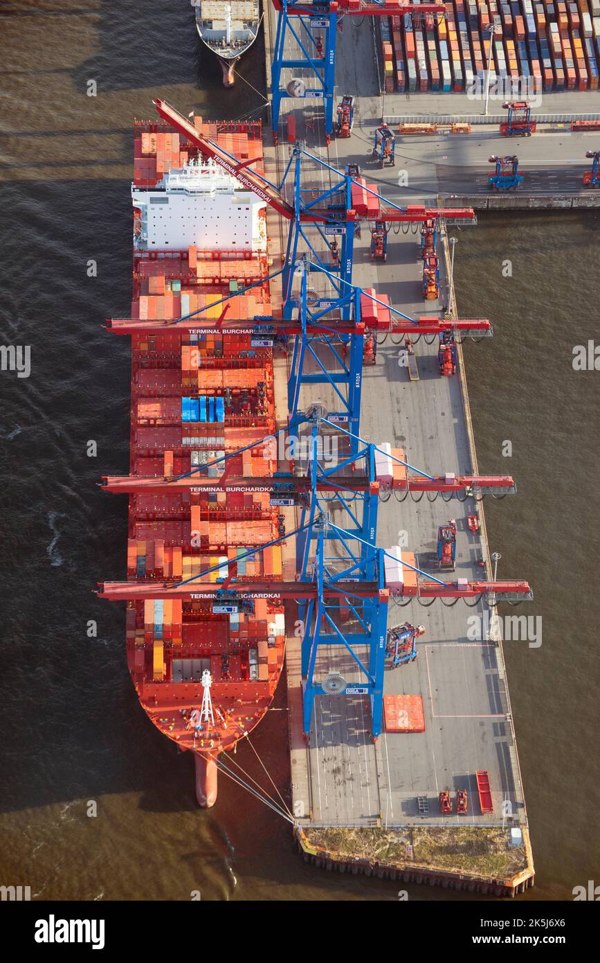 Aerial view of the container ship of the shipping company Hamburg Sued ...