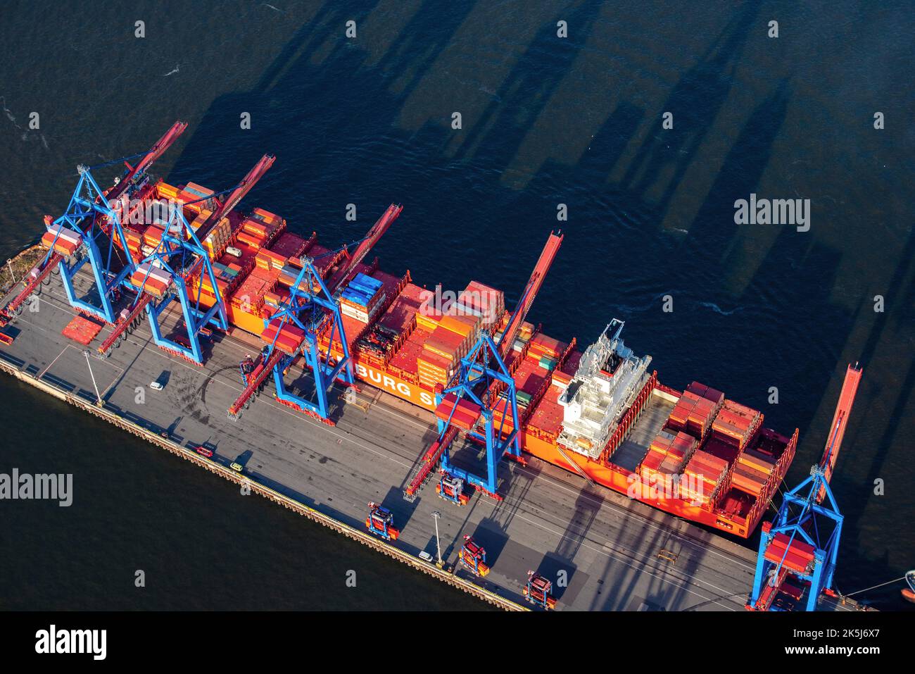 Aerial view of the container ship of the shipping company Hamburg Sued ...