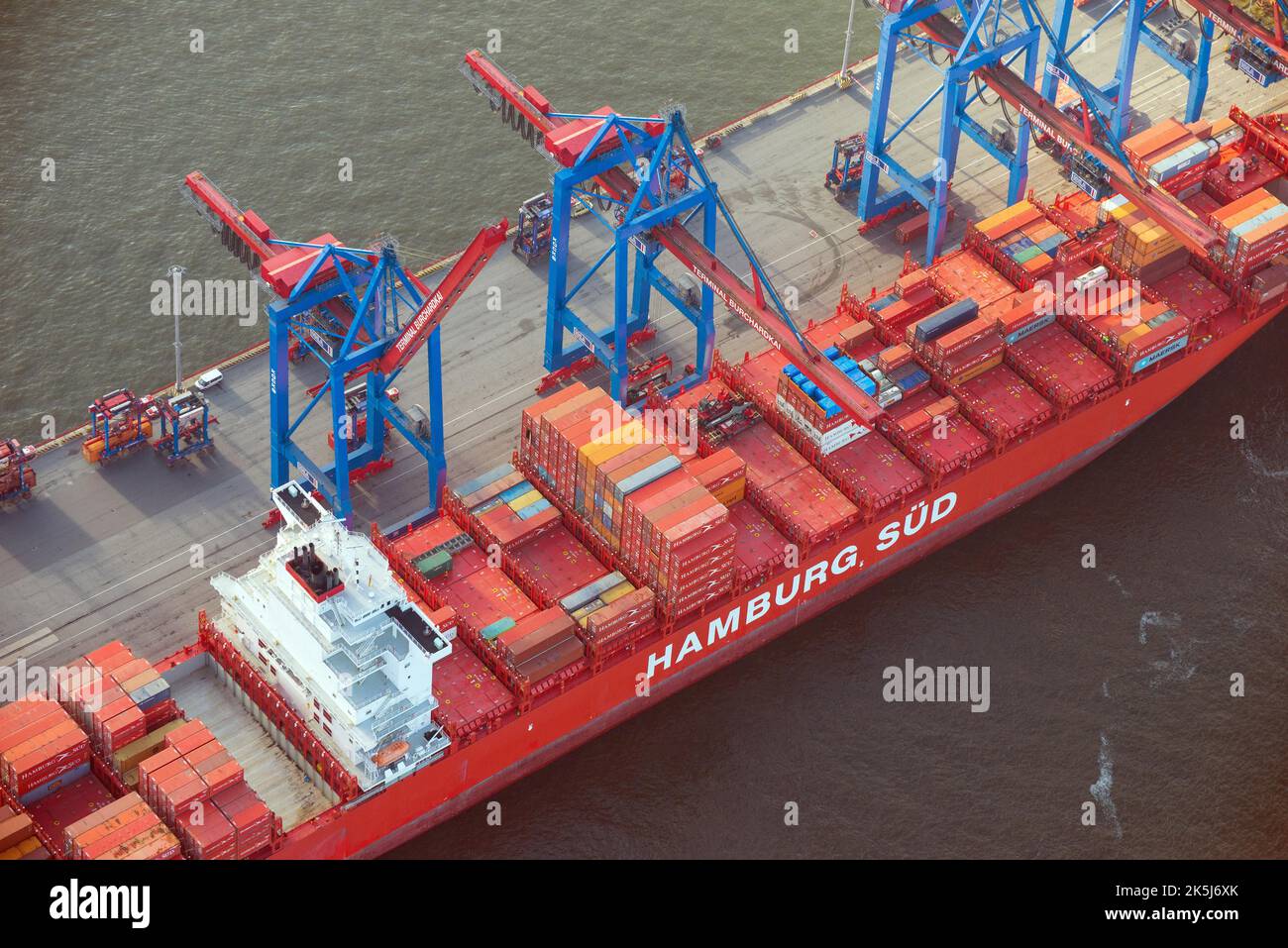 Aerial view of the container ship of the shipping company Hamburg Sued